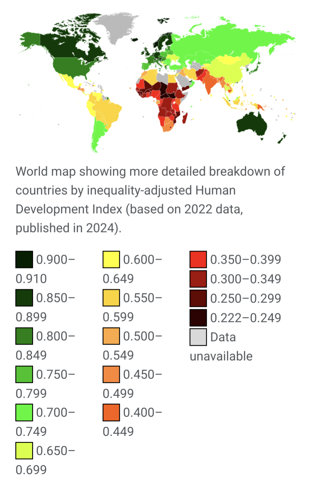 World map showing more detailed breakdown of countries by inequality-adjusted Human Development Index (based on 2022 data, published in 2024).