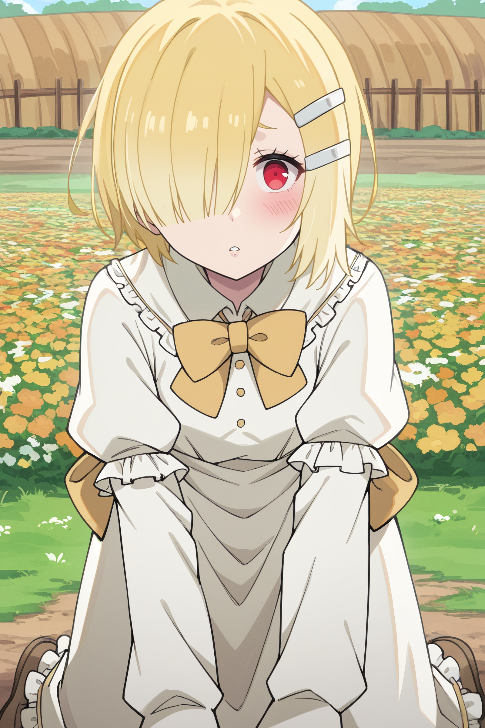 A blonde girl with a short bob haircut, red eyes. She wears a white ruffled dress with puffed sleeves, a large yellow bow, and brown shoes. She is leaning forward with her weight on her hands, kneeling on a dirt patch in a garden filled with blooming yellow flowers. A building and wooden fence are visible in the background. 