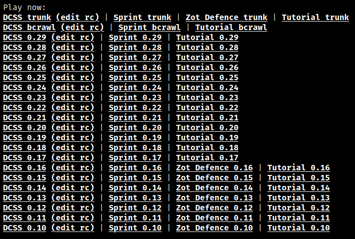 Screenshot of a DCSS server, showing a whole array of different versions, between 0.10 and 0.29.